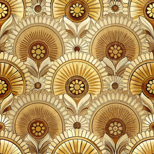 art deco, geometric florals, sunburst pattern, radiating design, golden yellow, warm brown, cream, beige, stylized flowers, circular motifs, vintage style, repeating pattern, quilting cotton, fabric panel, retro florals, ornate design, decorative circles, symmetrical pattern, 1920s inspired, geometric petals