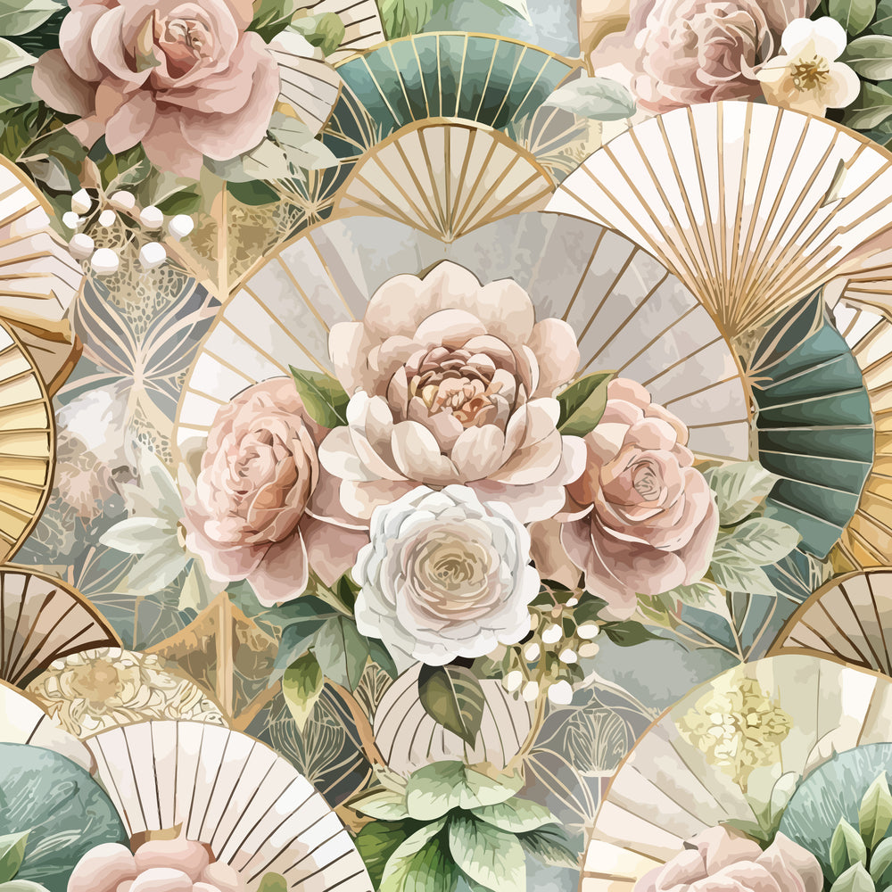 blush pink, sage green, cream, gold accents, art deco, geometric fans, floral bouquets, roses, peonies, vintage style, elegant pattern, quilting cotton, fabric panel, botanical design, soft pastels, romantic florals, decorative fans, layered blooms, sophisticated motifs