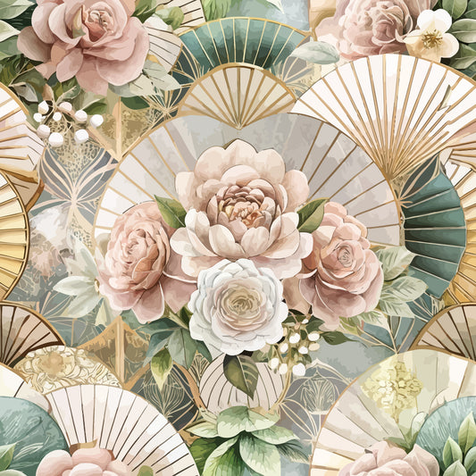 blush pink, sage green, cream, gold accents, art deco, geometric fans, floral bouquets, roses, peonies, vintage style, elegant pattern, quilting cotton, fabric panel, botanical design, soft pastels, romantic florals, decorative fans, layered blooms, sophisticated motifs