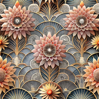 art deco, floral pattern, quilting cotton, fabric panel, geometric flowers, fan motifs, coral pink, dusty rose, gold accents, navy blue, cream, layered petals, radiating designs, dimensional florals, ornate details, vintage style, decorative elements, repeating pattern, botanical motifs, luxury aesthetic