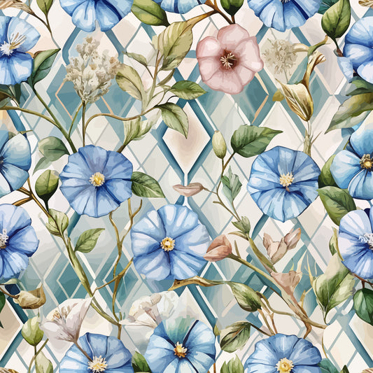 blue flowers, pink flowers, white flowers, green leaves, geometric background, diamond pattern, art deco style, floral motif, morning glories, botanical design, quilting cotton, fabric panel, watercolor style, soft pastels, vintage inspired, elegant florals, branching vines, delicate blooms