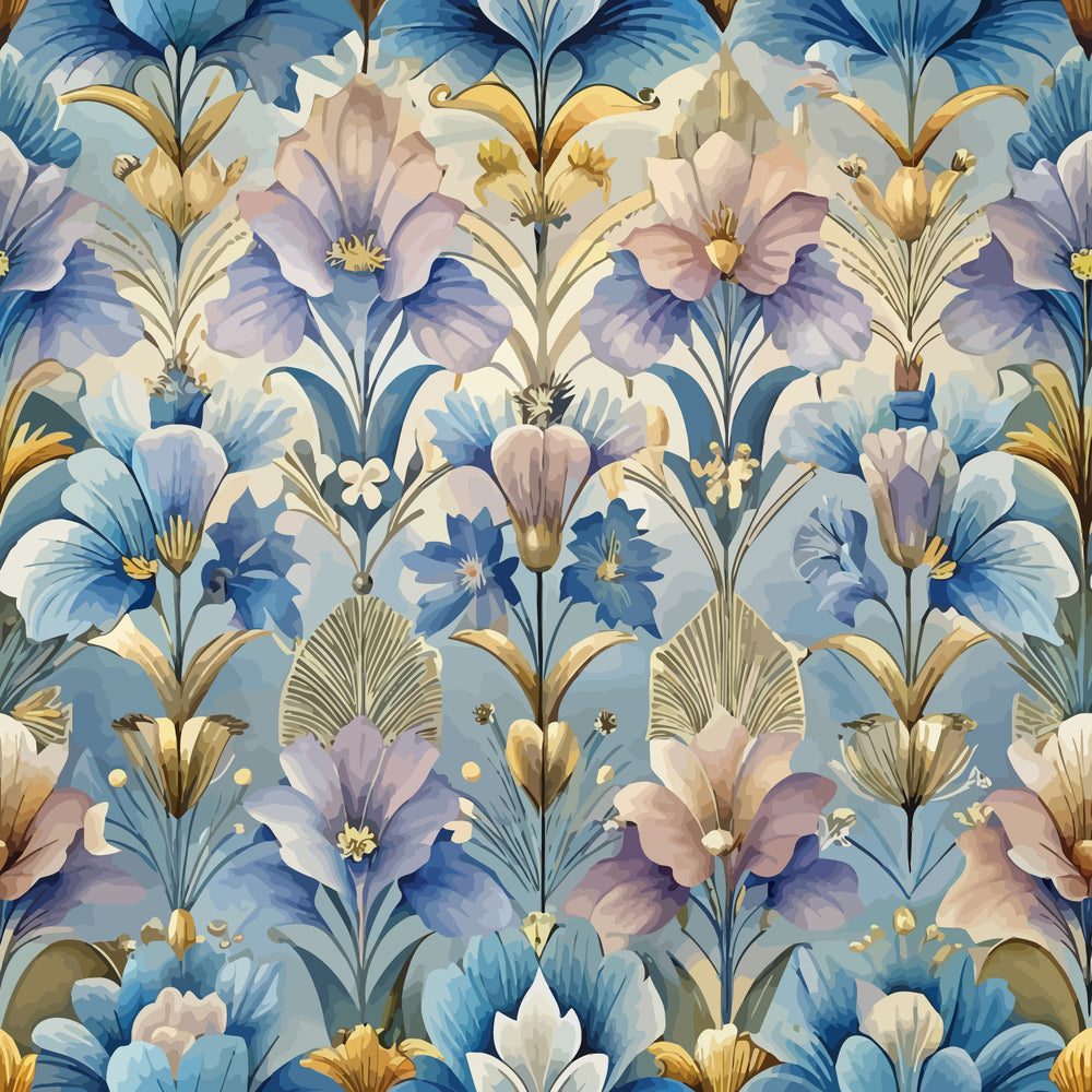 art deco, floral pattern, blue flowers, purple blooms, golden accents, watercolor style, lilies, botanical design, soft pastels, lavender petals, azure blue, cream background, stylized flowers, elegant florals, quilting cotton, fabric panel, vintage inspired, decorative motifs, flowing design, ornamental pattern