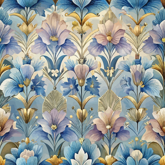 art deco, floral pattern, blue flowers, purple blooms, golden accents, watercolor style, lilies, botanical design, soft pastels, lavender petals, azure blue, cream background, stylized flowers, elegant florals, quilting cotton, fabric panel, vintage inspired, decorative motifs, flowing design, ornamental pattern