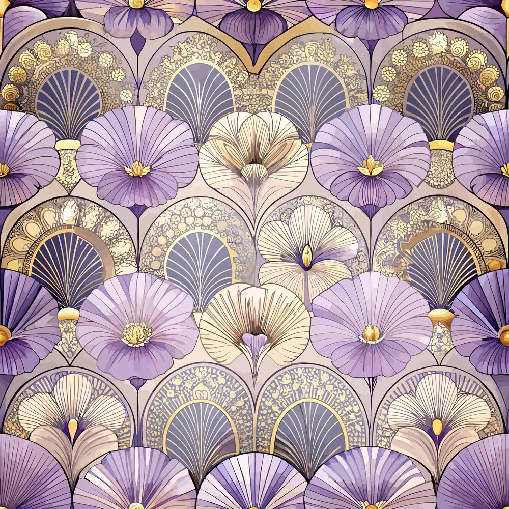 purple, lavender, cream, gold, art deco, floral pattern, geometric flowers, fan motifs, ornate details, quilting cotton, fabric panel, stylized blooms, decorative arches, vintage style, repeating pattern, scalloped design, botanical elements, intricate artwork, coordinated colors