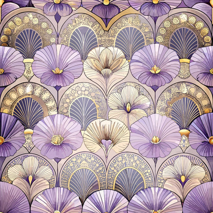 purple, lavender, cream, gold, art deco, floral pattern, geometric flowers, fan motifs, ornate details, quilting cotton, fabric panel, stylized blooms, decorative arches, vintage style, repeating pattern, scalloped design, botanical elements, intricate artwork, coordinated colors