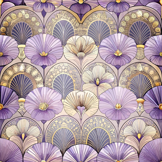 purple, lavender, cream, gold, art deco, floral pattern, geometric flowers, fan motifs, ornate details, quilting cotton, fabric panel, stylized blooms, decorative arches, vintage style, repeating pattern, scalloped design, botanical elements, intricate artwork, coordinated colors