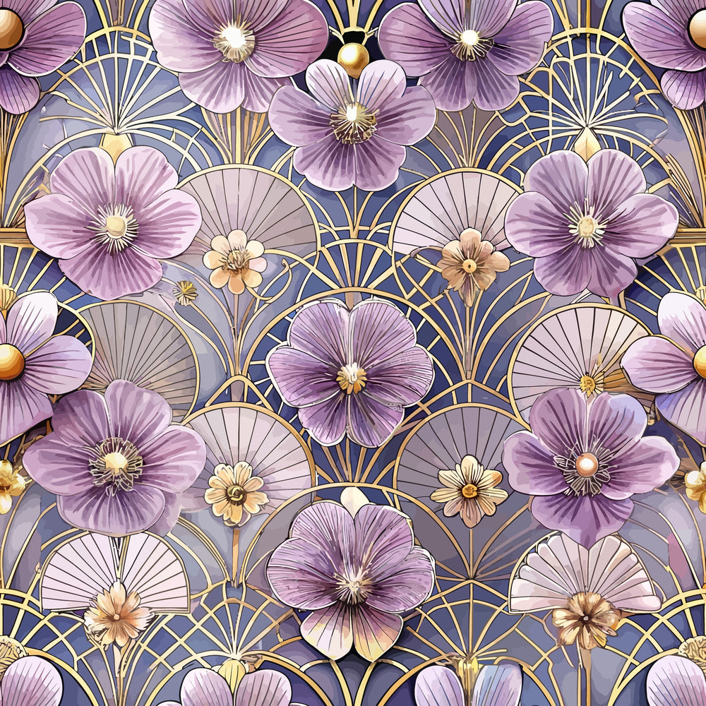 lavender, purple, gold, art deco, floral pattern, geometric circles, fan motifs, five-petaled flowers, quilting cotton, fabric panel, vintage style, elegant design, repeating pattern, botanical elements, lilac blooms, ornate details, decorative motifs, sophisticated palette, craft fabric