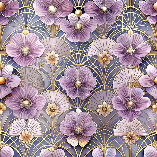 lavender, purple, gold, art deco, floral pattern, geometric circles, fan motifs, five-petaled flowers, quilting cotton, fabric panel, vintage style, elegant design, repeating pattern, botanical elements, lilac blooms, ornate details, decorative motifs, sophisticated palette, craft fabric