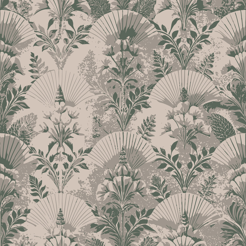 sage green, beige, taupe, art deco, fan motifs, botanical pattern, tropical leaves, palm fronds, floral design, vintage style, geometric elements, repeating pattern, quilting cotton, fabric panel, muted tones, exotic plants, decorative foliage, elegant motifs, nature inspired, sophisticated palette