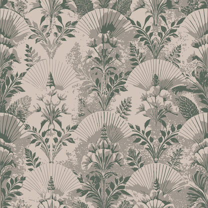sage green, beige, taupe, art deco, fan motifs, botanical pattern, tropical leaves, palm fronds, floral design, vintage style, geometric elements, repeating pattern, quilting cotton, fabric panel, muted tones, exotic plants, decorative foliage, elegant motifs, nature inspired, sophisticated palette