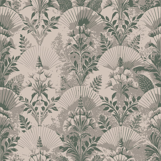 sage green, beige, taupe, art deco, fan motifs, botanical pattern, tropical leaves, palm fronds, floral design, vintage style, geometric elements, repeating pattern, quilting cotton, fabric panel, muted tones, exotic plants, decorative foliage, elegant motifs, nature inspired, sophisticated palette