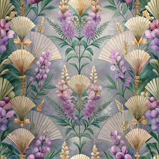 art deco, floral pattern, purple flowers, lavender blooms, golden fans, sage green, cream background, botanical design, geometric fans, tropical leaves, ornate florals, quilting cotton, fabric panel, vintage style, decorative motifs, repeating pattern, elegant design, soft pastels, nature inspired, crafting fabric