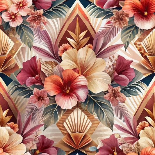 art deco, tropical florals, hibiscus flowers, geometric patterns, coral pink, burgundy, cream, teal, gold accents, diamond shapes, palm fronds, tropical leaves, vintage style, quilting cotton, fabric panel, floral motifs, warm tones, retro design, botanical print, repeating pattern