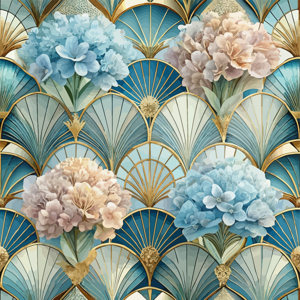 art deco, floral pattern, hydrangeas, blue flowers, peach flowers, cream flowers, gold accents, fan motifs, scalloped design, geometric elements, vintage style, quilting cotton, fabric panel, elegant florals, dusty blue, soft peach, ornate design, botanical print, layered petals, sophisticated pattern