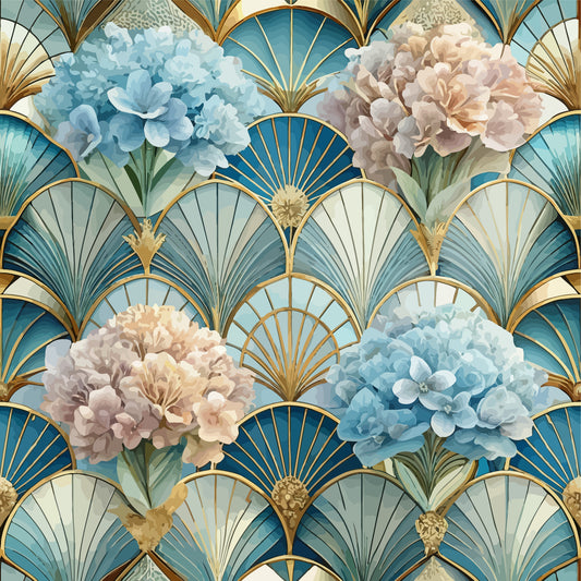 art deco, floral pattern, hydrangeas, blue flowers, peach flowers, cream flowers, gold accents, fan motifs, scalloped design, geometric elements, vintage style, quilting cotton, fabric panel, elegant florals, dusty blue, soft peach, ornate design, botanical print, layered petals, sophisticated pattern