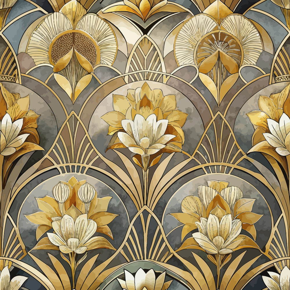 art deco, floral pattern, geometric design, gold tones, cream colors, gray background, stylized flowers, ornate motifs, fan shapes, radiating lines, luxury aesthetic, elegant design, quilting cotton, fabric panel, decorative circles, botanical elements, vintage style, sophisticated pattern, repeating design, ornamental florals