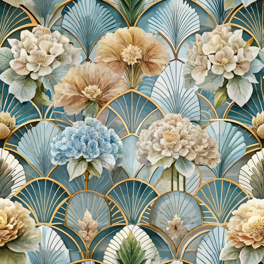 art deco, floral pattern, fan motifs, peonies, chrysanthemums, teal blue, sage green, cream white, golden yellow, beige tones, geometric shells, scalloped design, vintage florals, quilting cotton, fabric panel, botanical elements, layered petals, elegant blooms, soft pastels, decorative fans