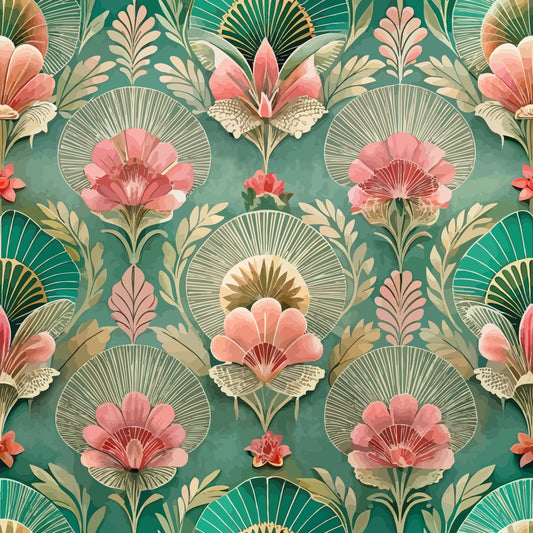 teal background, coral pink flowers, art deco pattern, fan motifs, tropical florals, geometric circles, vintage style, quilting cotton, fabric panel, stylized blooms, peacock feathers, ornamental design, retro floral, decorative fans, sage green, cream accents, repeating pattern, botanical motifs, 1920s inspired