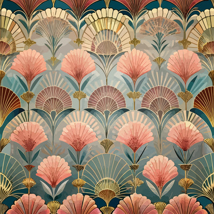 art deco, floral pattern, fan motifs, coral pink, teal blue, gold accents, sage green, peachy tones, geometric florals, vintage style, shell designs, layered fans, botanical elements, quilting cotton, fabric panel, repeating pattern, stylized flowers, 1920s inspired, elegant design, decorative motifs