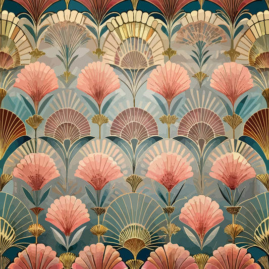 art deco, floral pattern, fan motifs, coral pink, teal blue, gold accents, sage green, peachy tones, geometric florals, vintage style, shell designs, layered fans, botanical elements, quilting cotton, fabric panel, repeating pattern, stylized flowers, 1920s inspired, elegant design, decorative motifs