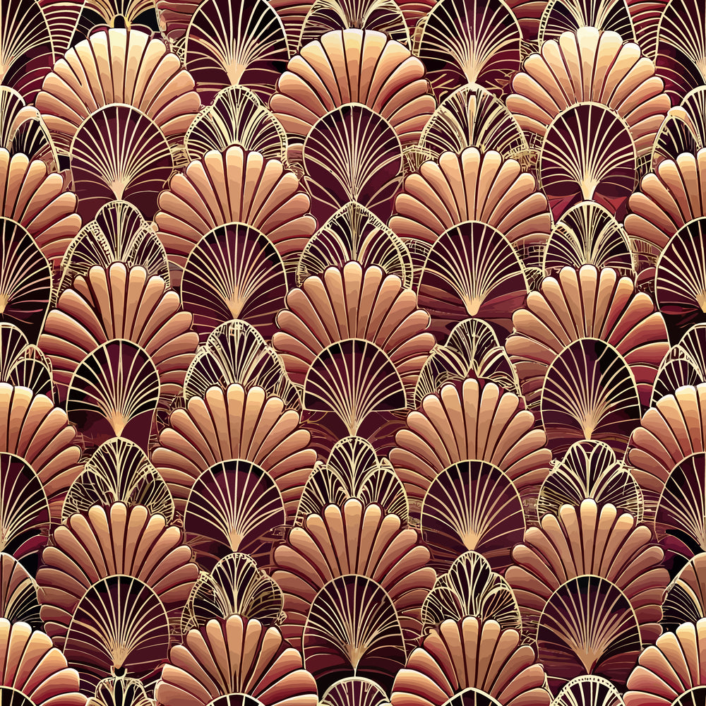 art deco, fan motifs, shell patterns, burgundy, gold, copper, bronze, cream, geometric design, repeating pattern, vintage style, ornate details, scalloped shapes, metallic accents, luxurious, quilting cotton, fabric panel, 1920s inspired, decorative fans, rich tones