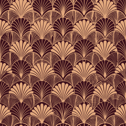 burgundy, peach, gold, art deco, fan motifs, scalloped patterns, geometric florals, vintage style, repeating design, elegant motifs, quilting cotton, fabric panel, 1920s inspired, luxurious pattern, ornate details, stylized flowers, decorative fans, rich colors, sophisticated design