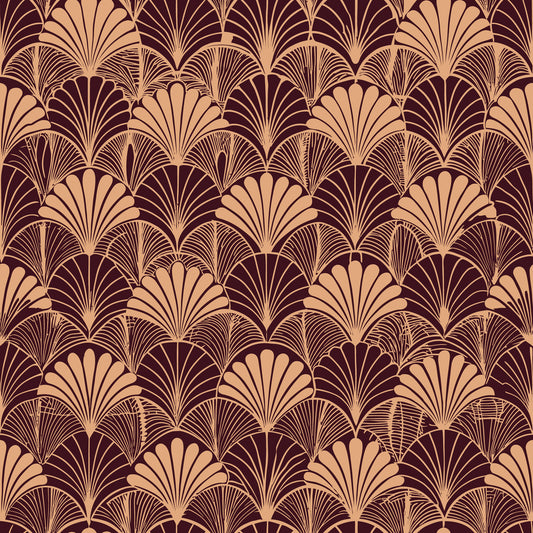 burgundy, peach, gold, art deco, fan motifs, scalloped patterns, geometric florals, vintage style, repeating design, elegant motifs, quilting cotton, fabric panel, 1920s inspired, luxurious pattern, ornate details, stylized flowers, decorative fans, rich colors, sophisticated design