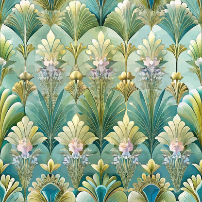 art deco, floral pattern, fan motifs, teal, sage green, cream, soft pink, lavender, geometric flowers, stylized blooms, vintage style, repeating pattern, ornamental design, decorative elements, quilting cotton, fabric panel, botanical motifs, symmetrical design, layered petals, peacock colors