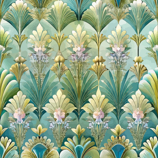 art deco, floral pattern, fan motifs, teal, sage green, cream, soft pink, lavender, geometric flowers, stylized blooms, vintage style, repeating pattern, ornamental design, decorative elements, quilting cotton, fabric panel, botanical motifs, symmetrical design, layered petals, peacock colors