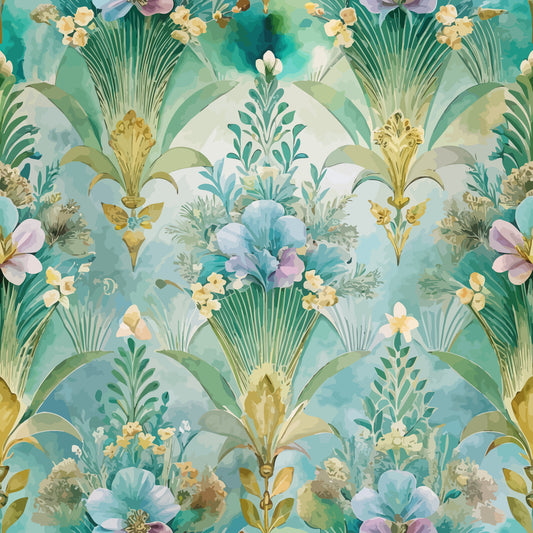 art deco, floral pattern, turquoise, teal, seafoam green, lavender, cream, gold accents, fan motifs, stylized flowers, geometric florals, tropical foliage, palm fronds, watercolor effect, elegant design, quilting cotton, fabric panel, luxurious style, vintage inspired, botanical elements