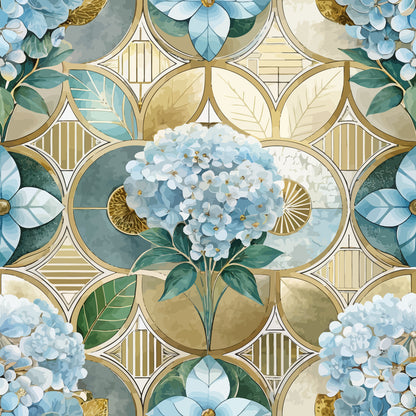 art deco, hydrangeas, blue flowers, geometric circles, botanical motif, cream background, sage green, powder blue, gold accents, quilting cotton, floral pattern, vintage style, overlapping circles, decorative leaves, watercolor effect, fabric panel, soft pastels, ornate design, repeating pattern