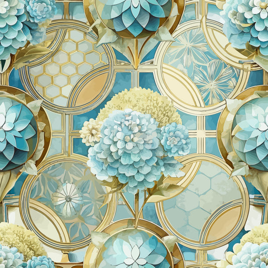 turquoise, teal, gold, cream, art deco, geometric circles, hydrangea flowers, floral pattern, honeycomb motifs, quilting cotton, fabric panel, botanical design, layered petals, ornate framework, sophisticated palette, circular medallions, blooming florals, decorative pattern, cotton fabric, quilting material