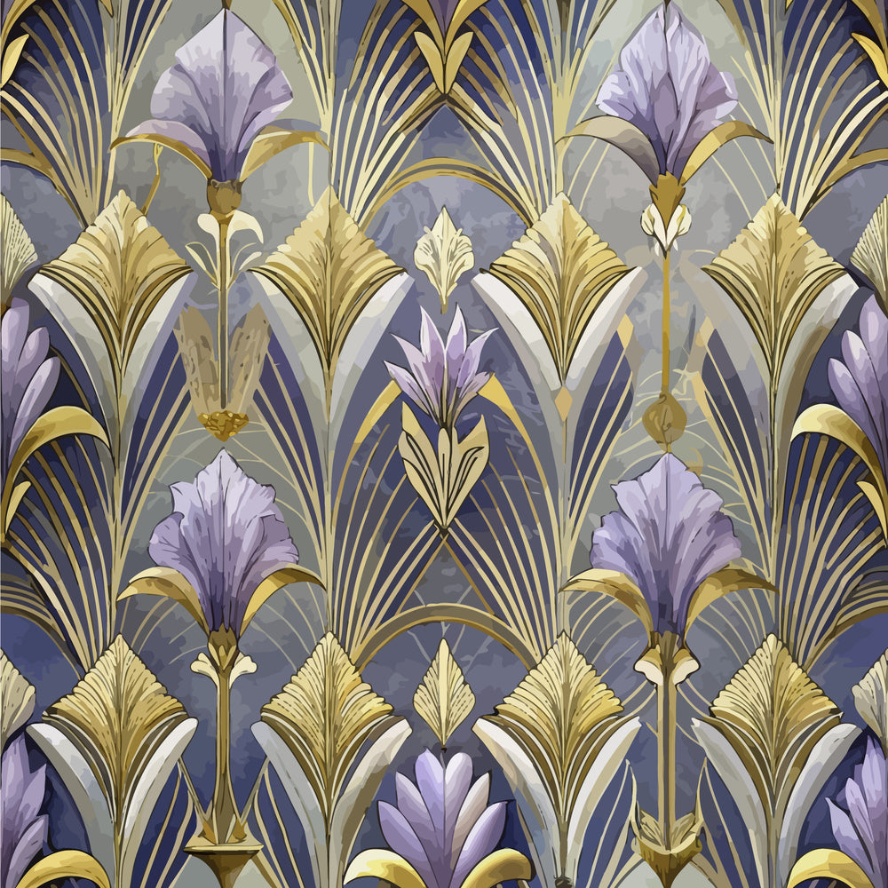 art deco, floral pattern, purple flowers, gold accents, geometric design, stylized blooms, lavender petals, metallic gold, fan motifs, repeating pattern, quilting cotton, fabric panel, elegant florals, vintage style, ornate design, decorative motifs, sophisticated palette, botanical elements, luxurious appearance