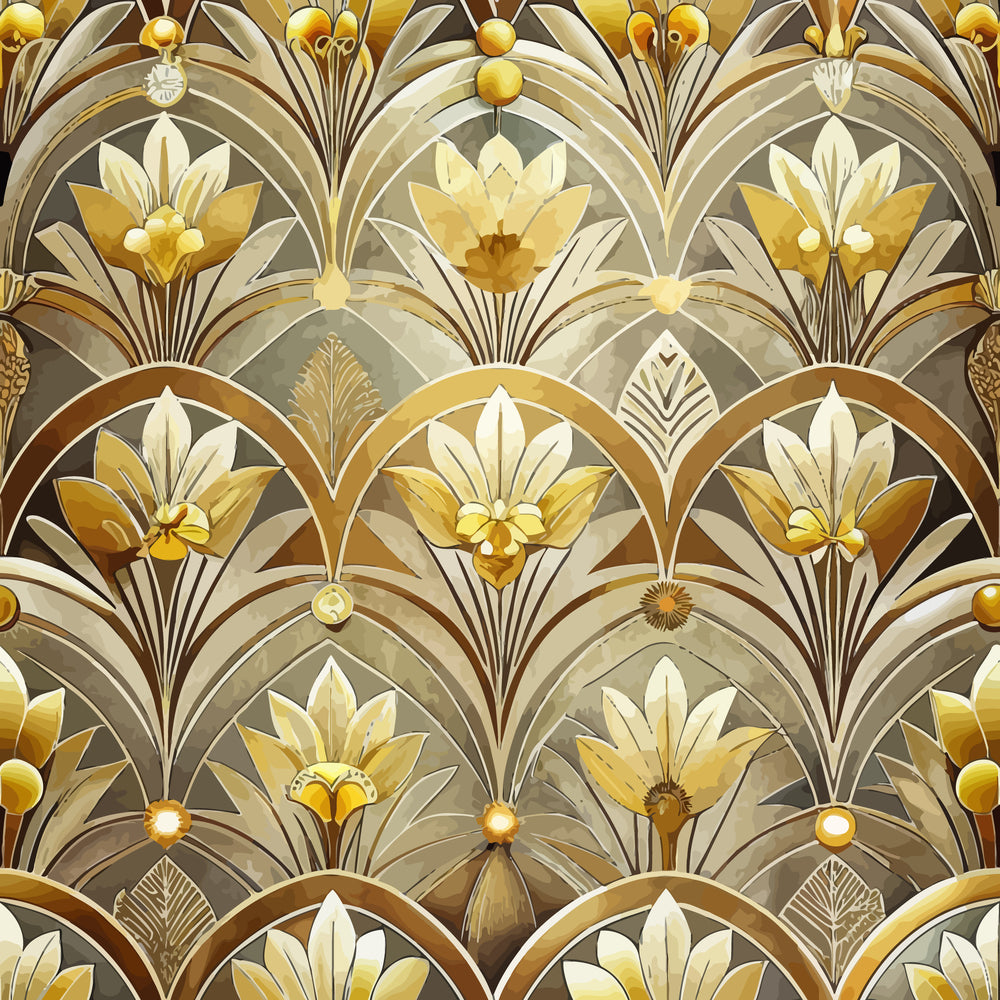 art deco, florals, geometric pattern, gold, amber, bronze, cream, beige, stylized flowers, fan motifs, scalloped arches, repeating design, vintage style, luxurious, elegant, quilting cotton, fabric panel, 1920s inspired, ornamental, decorative motifs