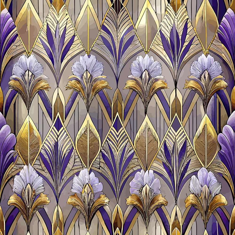 art deco, floral pattern, purple, gold, lavender, geometric design, stylized flowers, repeating motif, quilting cotton, fabric panel, vintage style, ornate details, symmetrical pattern, decorative elements, luxury aesthetic, botanical motifs, jewel tones, metallic accents, elegant design, ornamental florals