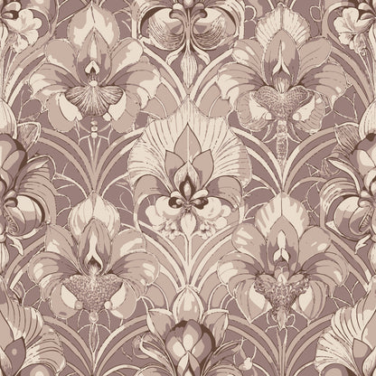 beige, taupe, sepia, monochromatic, orchids, floral motifs, art deco, symmetrical pattern, botanical design, vintage style, quilting cotton, fabric panel, elegant florals, repeating pattern, neutral tones, sophisticated design, decorative flowers, ornate petals, textured blooms