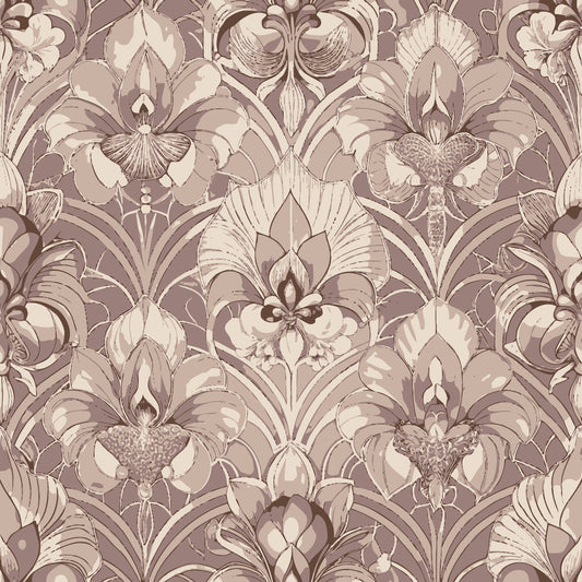 beige, taupe, sepia, monochromatic, orchids, floral motifs, art deco, symmetrical pattern, botanical design, vintage style, quilting cotton, fabric panel, elegant florals, repeating pattern, neutral tones, sophisticated design, decorative flowers, ornate petals, textured blooms