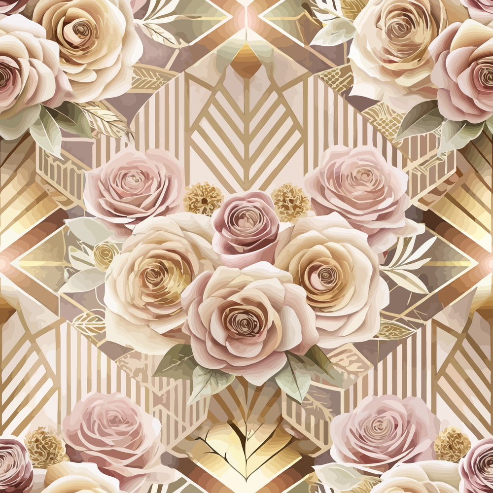 blush pink, champagne beige, gold accents, art deco, geometric patterns, roses, floral motif, vintage roses, striped elements, diamond shapes, quilting cotton, fabric panel, elegant florals, muted tones, sophisticated design, layered petals, botanical elements, repeating pattern, luxurious aesthetic