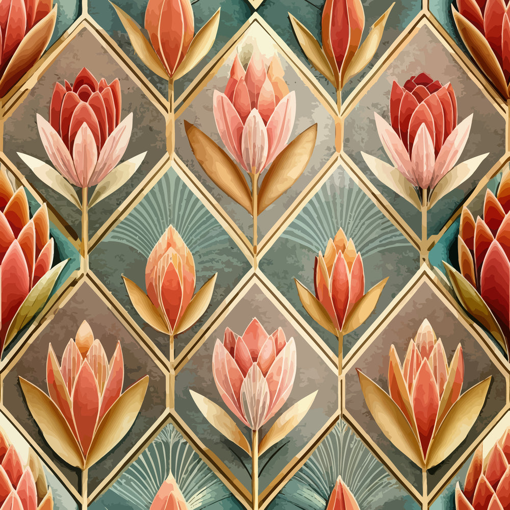 art deco, floral pattern, geometric design, coral flowers, teal background, gold accents, diamond shapes, stylized blooms, vintage style, quilting cotton, fabric panel, ornate motifs, decorative florals, salmon pink, sage green, metallic gold, repeating pattern, elegant design, botanical elements, retro aesthetic