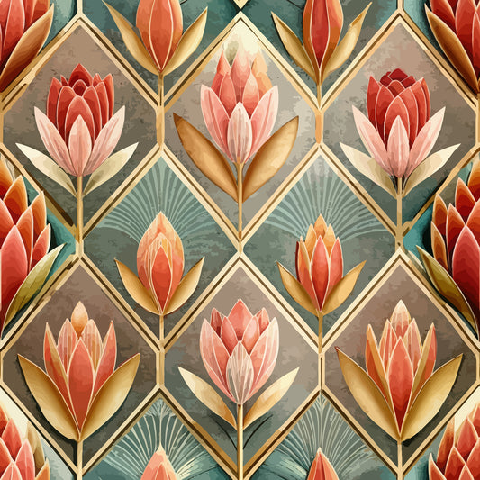 art deco, floral pattern, geometric design, coral flowers, teal background, gold accents, diamond shapes, stylized blooms, vintage style, quilting cotton, fabric panel, ornate motifs, decorative florals, salmon pink, sage green, metallic gold, repeating pattern, elegant design, botanical elements, retro aesthetic