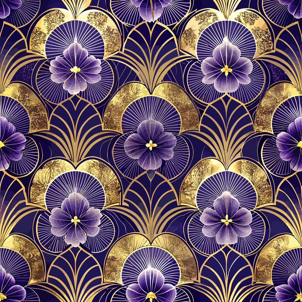 purple flowers, gold accents, art deco pattern, geometric design, floral motifs, deep purple background, metallic gold, radiating lines, ornate details, quilting cotton, fabric panel, luxurious feel, vintage style, repeating pattern, elegant florals, sunburst design, decorative arches, sophisticated palette, intricate geometry