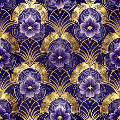 purple flowers, gold accents, art deco pattern, geometric design, floral motifs, deep purple background, metallic gold, radiating lines, ornate details, quilting cotton, fabric panel, luxurious feel, vintage style, repeating pattern, elegant florals, sunburst design, decorative arches, sophisticated palette, intricate geometry