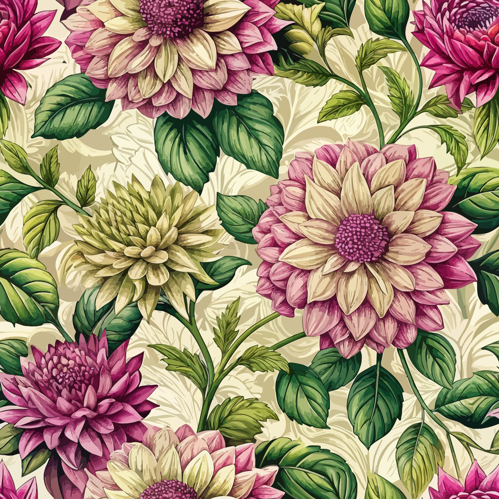art nouveau, dahlias, floral pattern, quilting cotton, fabric panel, pink flowers, cream background, green leaves, botanical design, layered petals, vintage style, purple centers, nature motif, seamless repeat, decorative florals, garden flowers, textile design, cotton fabric, crafting material