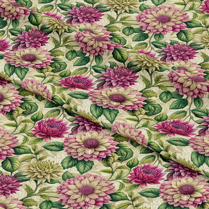Art Nouveau Ahlias Pattern 1 Quilting Cotton Fabric, floral design, dahlias, pink flowers, cream flowers, green leaves, vintage style, botanical print, cotton textile, quilting material, fabric yardage, traditional style, premium cotton, soft texture, elegant pattern, garden motif, natural colors, decorative fabric