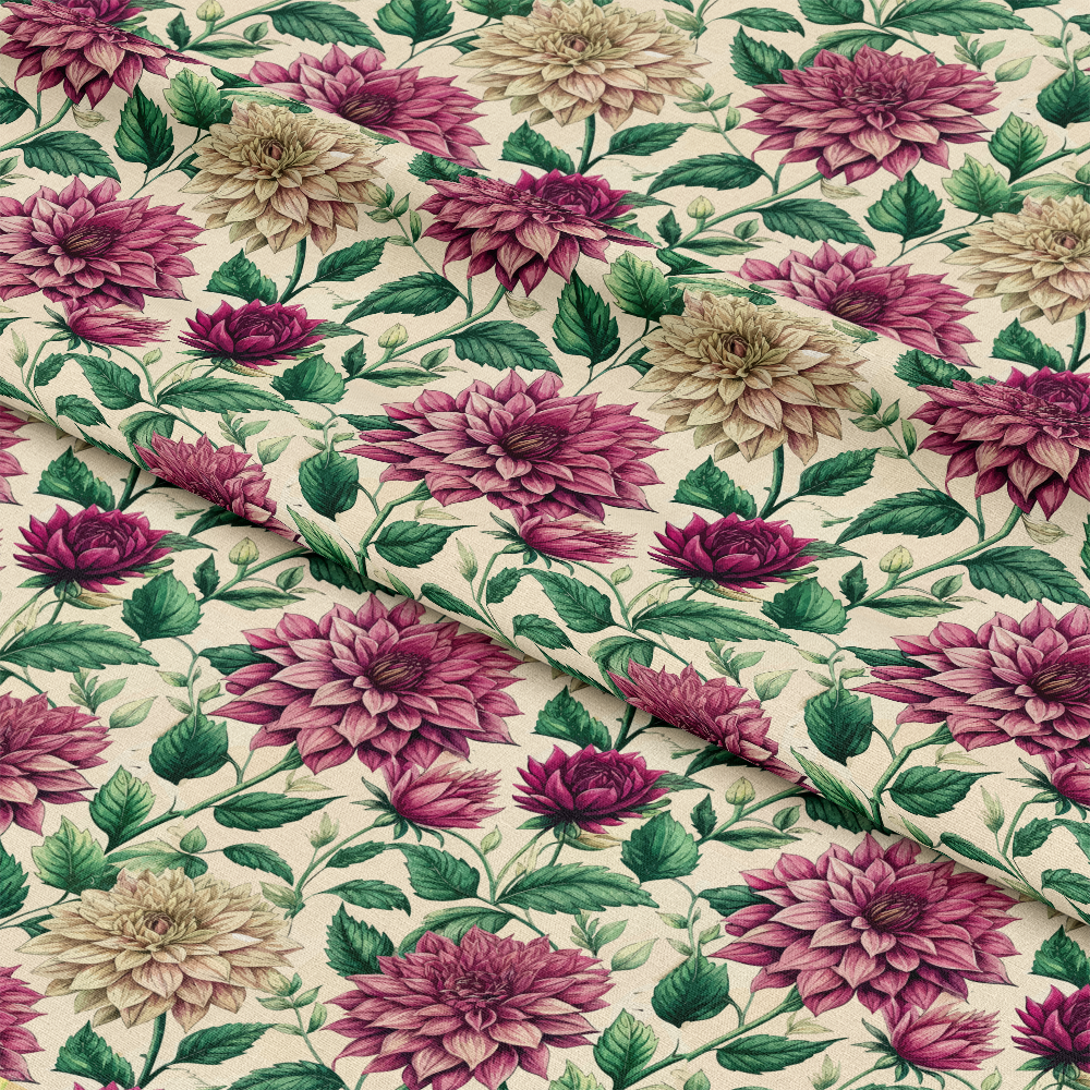 - Art Nouveau Ahlias Pattern 2 Quilting Cotton Fabric  
- Floral design  
- Dahlia flowers  
- Pink and cream colors  
- Green leaves  
- Botanical print  
- Vintage style  
- Cotton fabric  
- Quilting material  
- Elegant textile