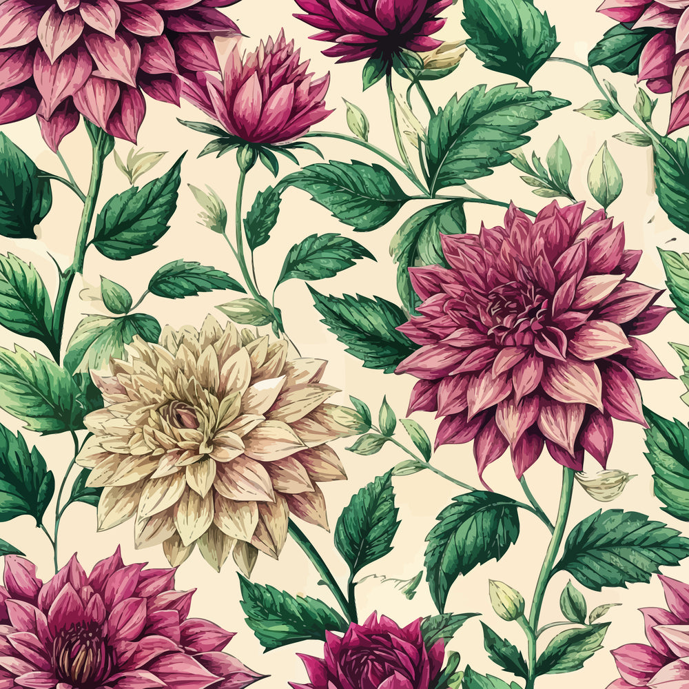 Art Nouveau Ahlias Pattern 2 Quilting Cotton Fabric, floral design, vintage style, large blooms, pink flowers, cream flower, green leaves, botanical print, natural colors, quilting material, cotton textile, traditional motif, fabric yardage, soft texture, decorative fabric