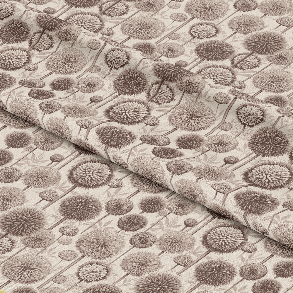 Art Nouveau Allium Flowers Pattern 1 Quilting Cotton Fabric featuring beige and brown botanical floral design, allium flower motifs, natural tones, quilting cotton textile, vintage style, nature-inspired print, soft cotton material, eco-friendly fabric, classic ornamental pattern.