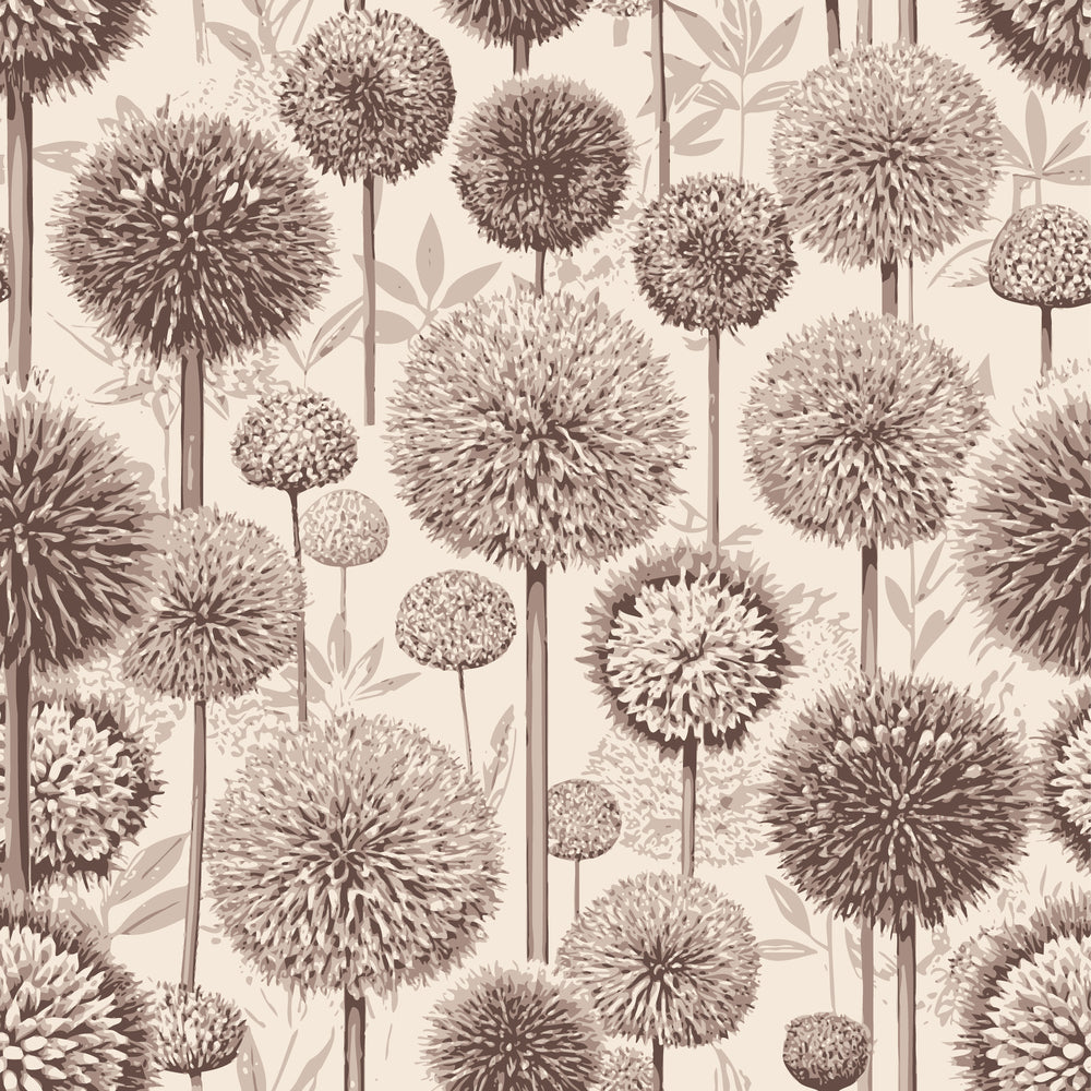 Art Nouveau Allium Flowers Pattern 1 Quilting Cotton Fabric with sepia tone floral design, soft beige background, spherical allium flower motifs, vintage botanical style, natural cotton textile, elegant floral print, premium quilting material, light brown shades, decorative fabric yardage.