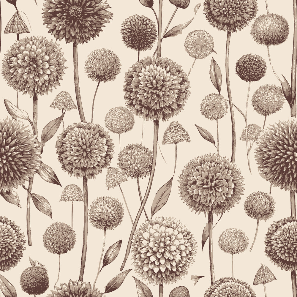 sepia tones, brown hues, cream background, allium flowers, spherical blooms, botanical pattern, art nouveau style, vintage illustration, quilting cotton, fabric panel, floral design, stems and leaves, repeating pattern, monochromatic, sketched style, garden flowers, organic shapes, nature motif, decorative florals