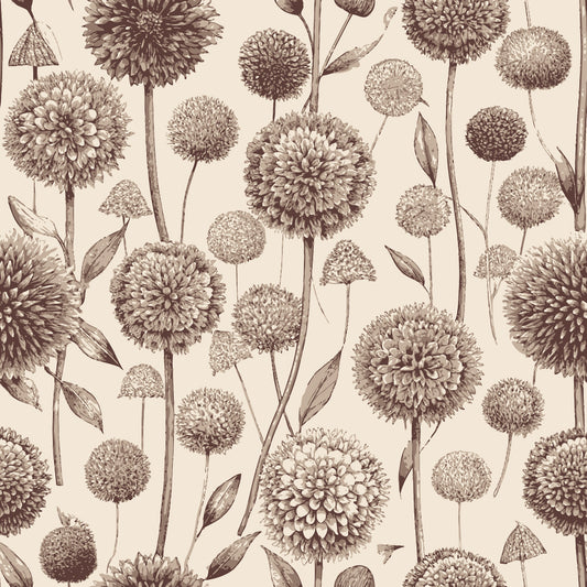 Art Nouveau Allium Flowers Pattern 2 Quilting Cotton Fabric, floral design, blooming allium, vintage style, sepia tones, beige background, botanical print, natural motifs, soft texture, quilting cotton fabric, sewing material, craft fabric, elegant flowers, decorative textile